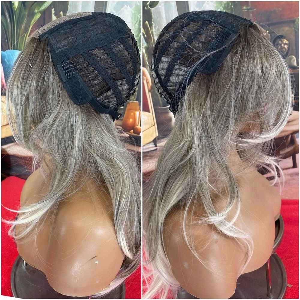 center lace grey white mixed layered wig